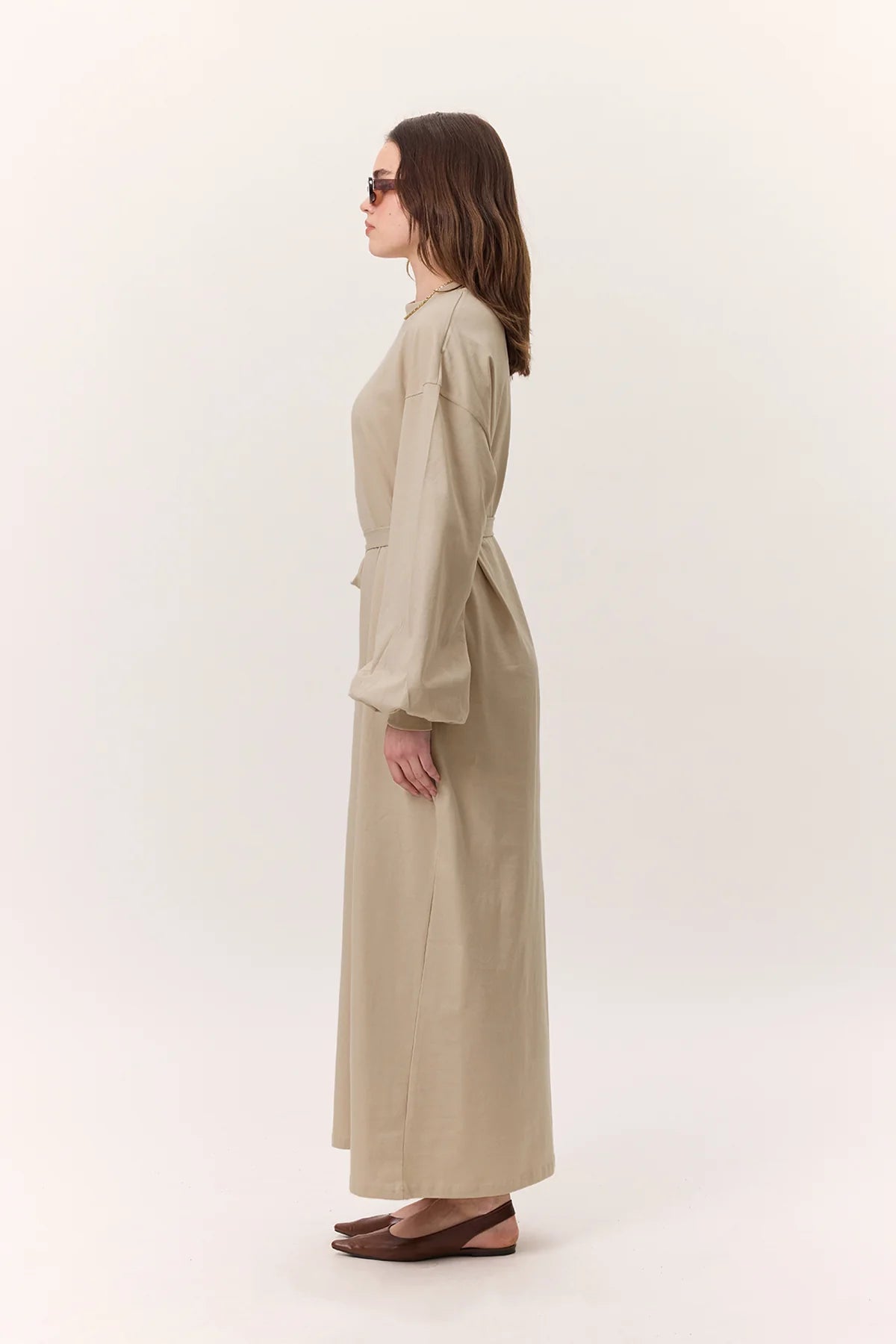 Balloon Sleeve Cotton Dress Stone