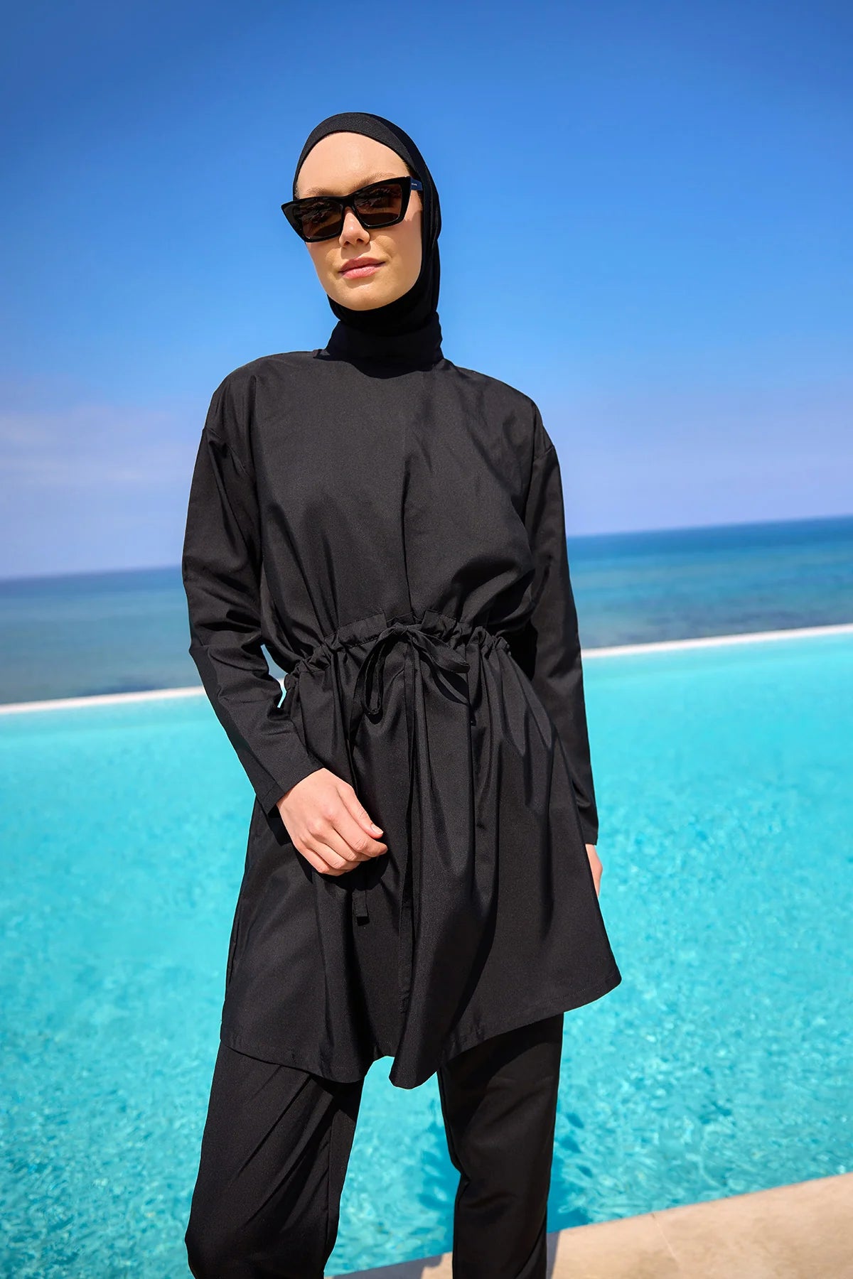 3-Piece Drawstring Waist Burkini Set Black
