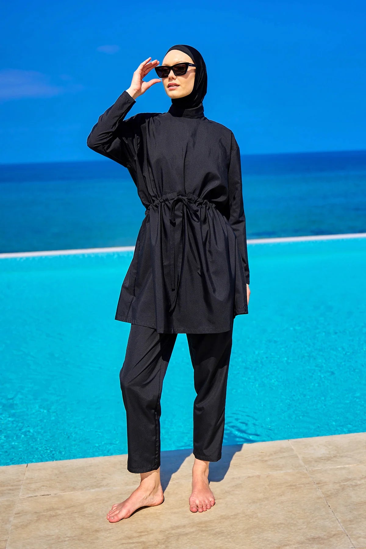 3-Piece Drawstring Waist Burkini Set Black