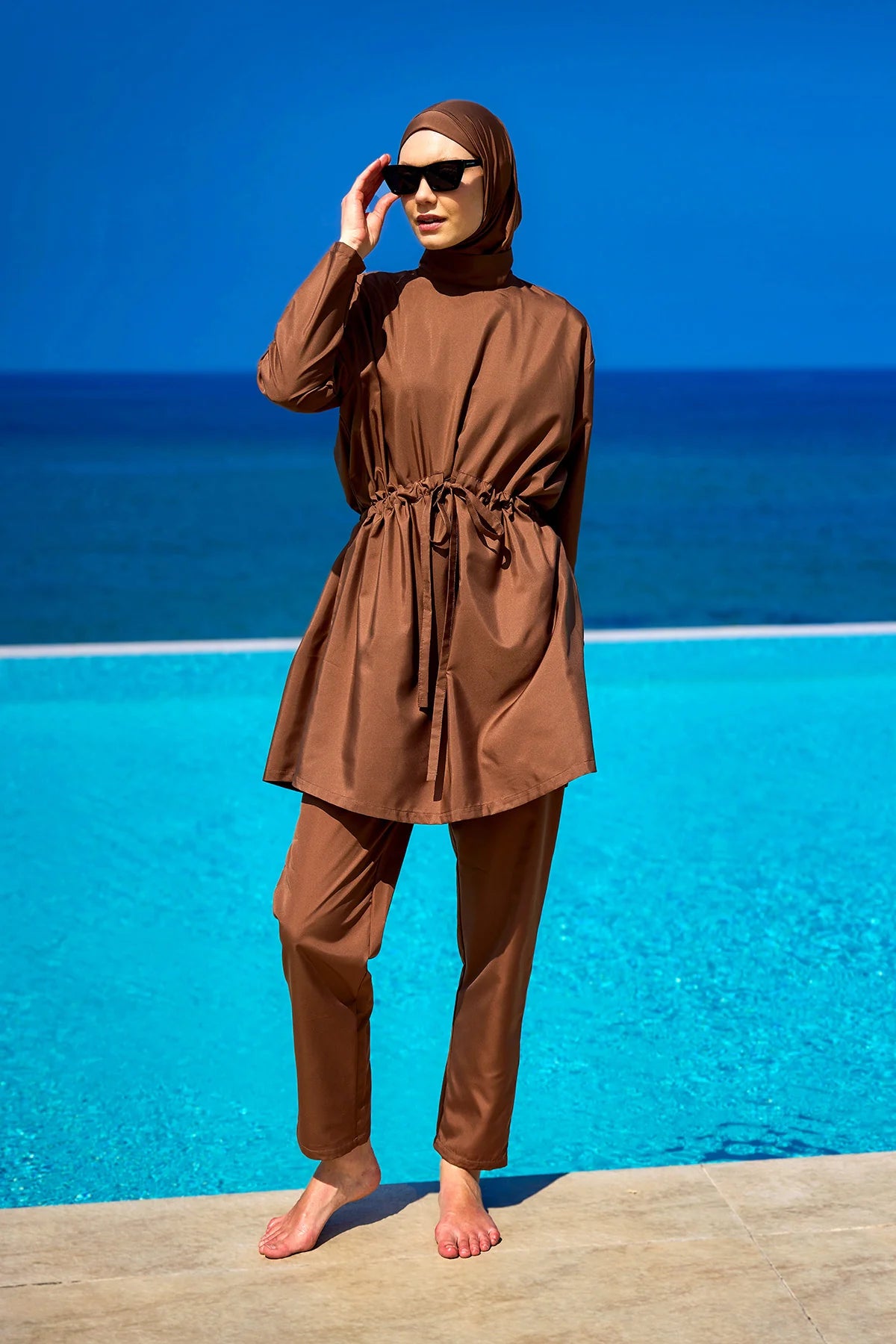 3-Piece Drawstring Waist Burkini Set Brown