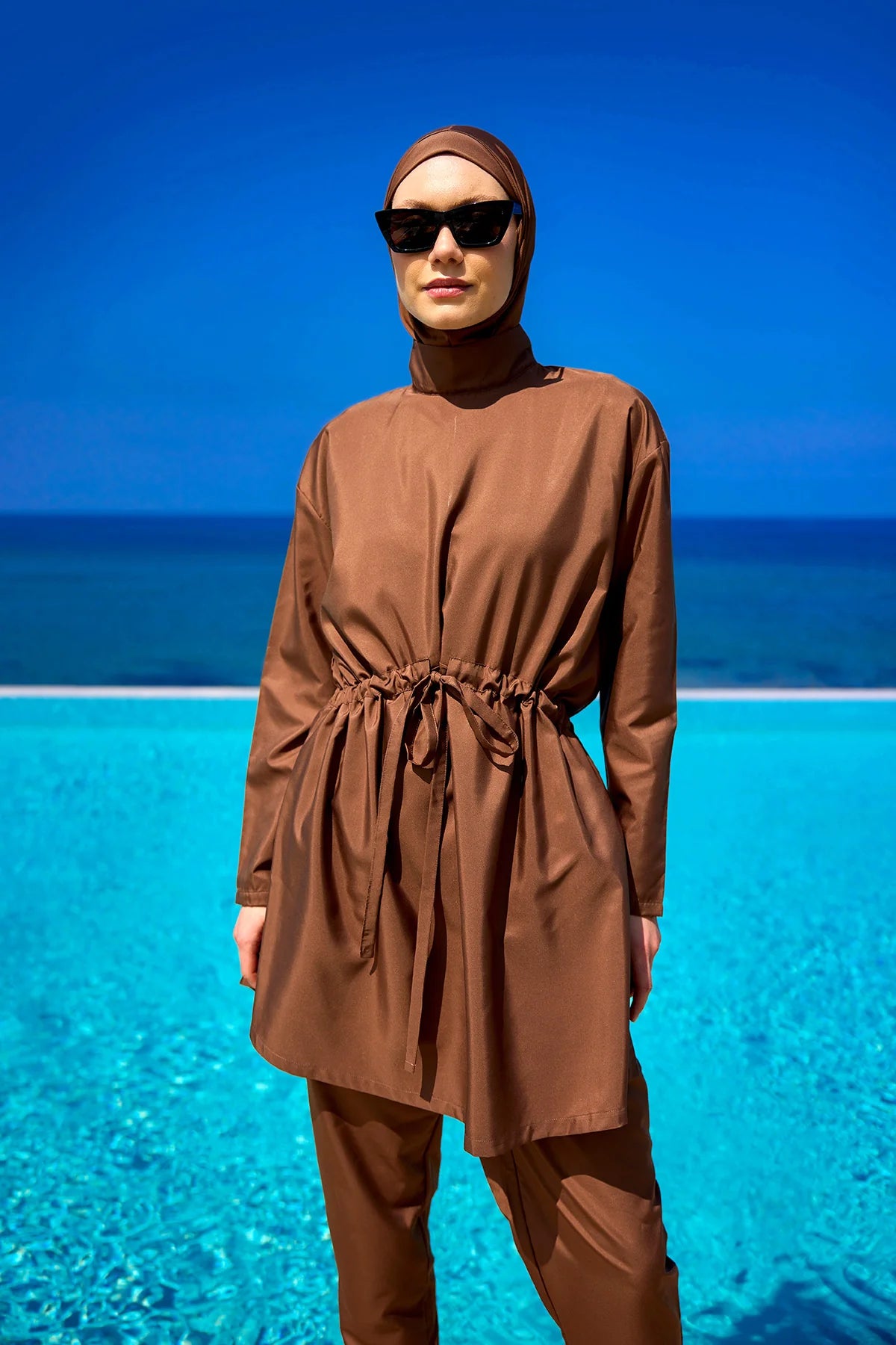 3-Piece Drawstring Waist Burkini Set Brown