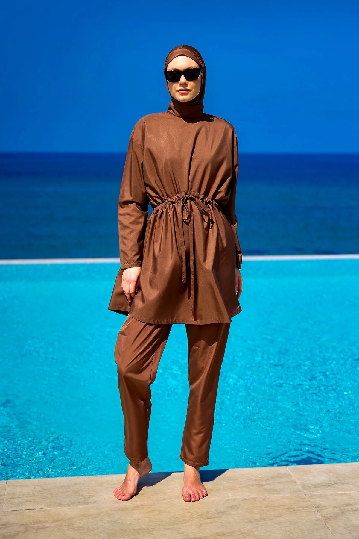 3-Piece Drawstring Waist Burkini Set Brown