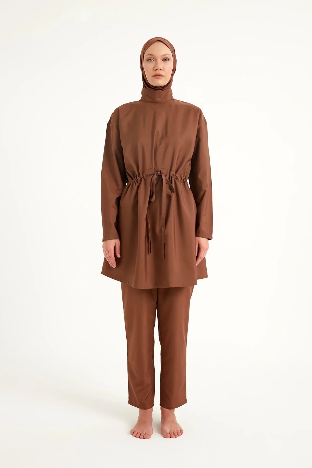 3-Piece Drawstring Waist Burkini Set Brown