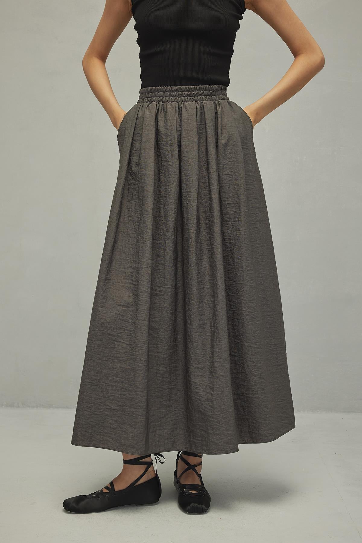 【Anyone more】Akiha Flared Long Skirt Long Flared Skirt With High Waist & Front Bow In Dark Blue