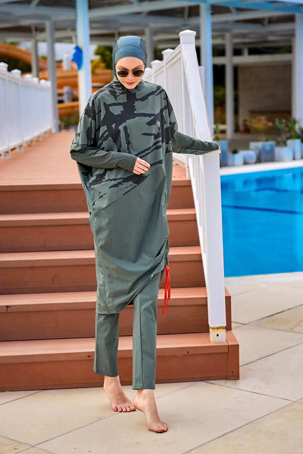 4-Piece Wave Drawstring Burkini Set - Khaki Green
