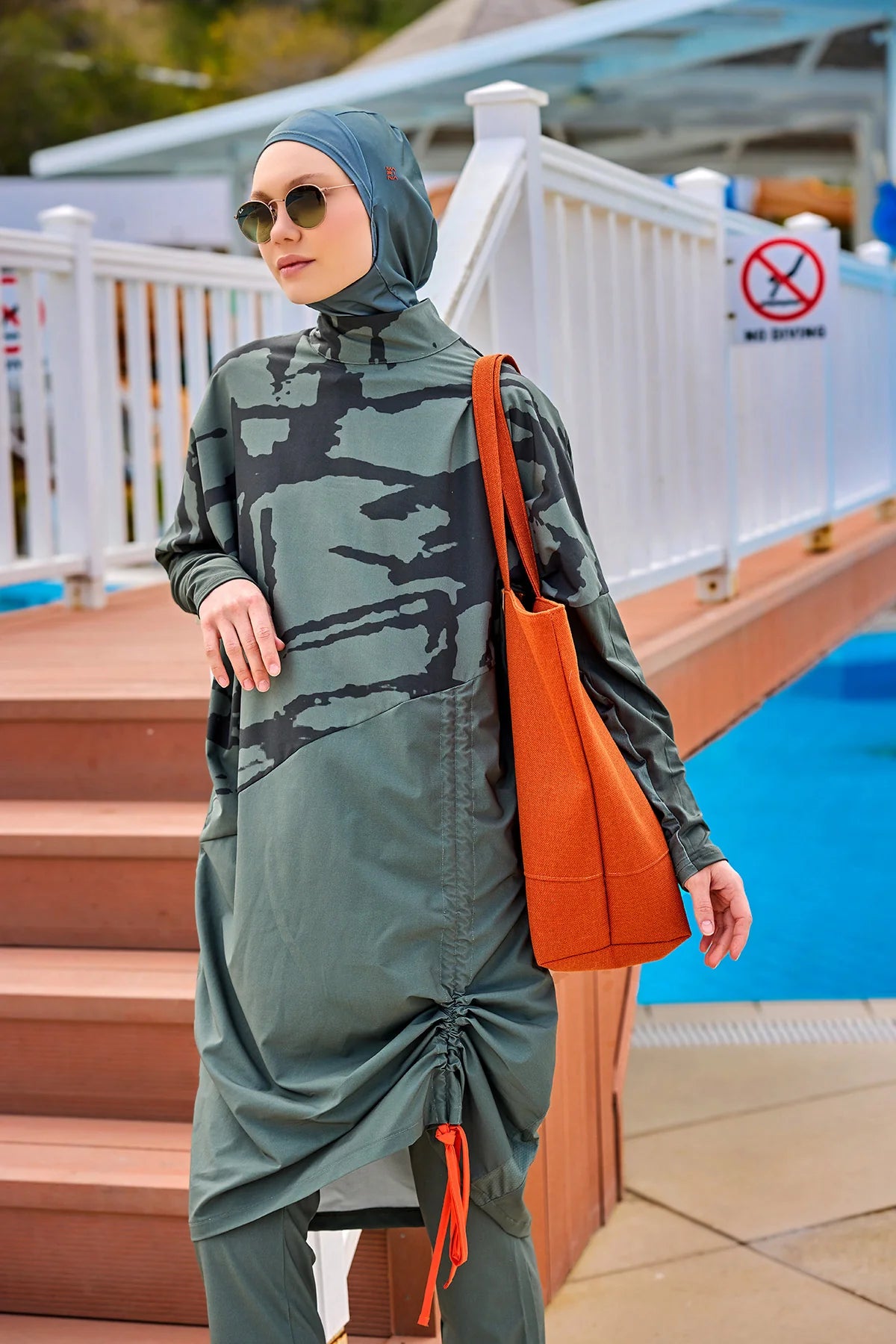 4-Piece Wave Drawstring Burkini Set - Khaki Green