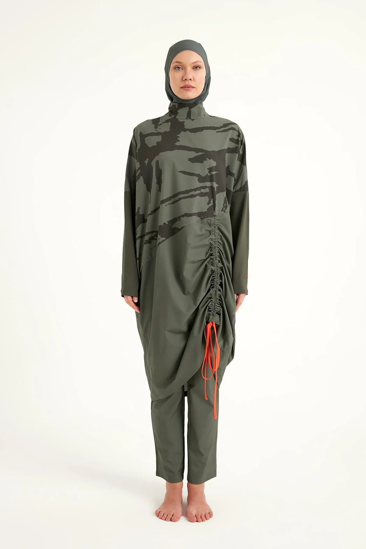 4-Piece Wave Drawstring Burkini Set - Khaki Green