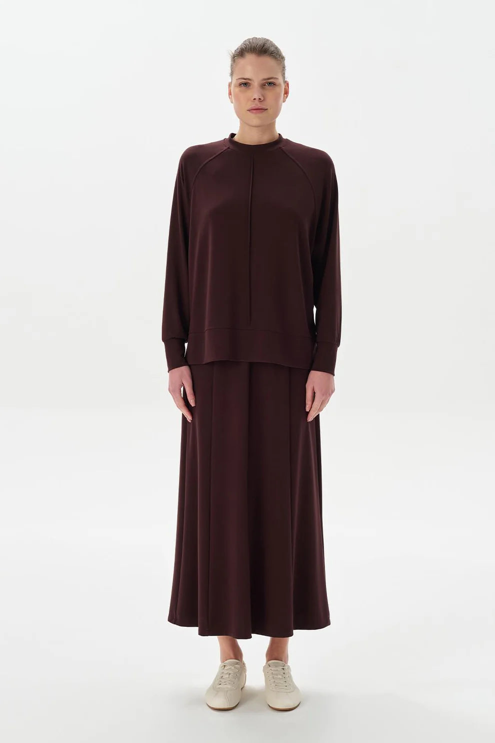 Modal Knit Skirt and Sweatshirt Set Brown