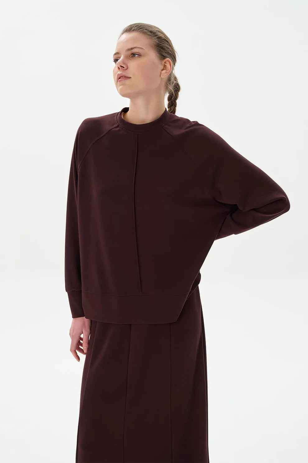 Modal Knit Skirt and Sweatshirt Set Brown