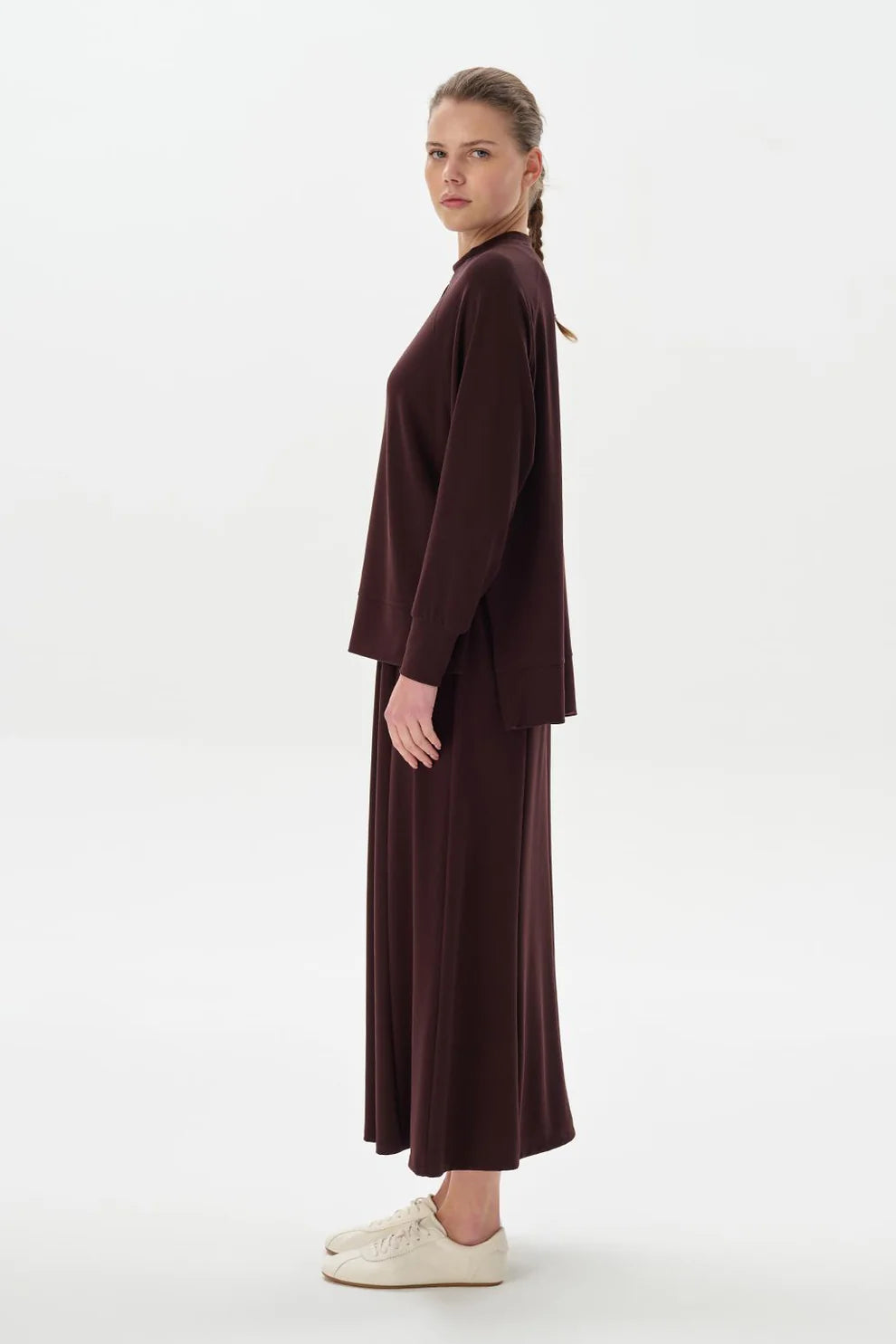 Modal Knit Skirt and Sweatshirt Set Brown