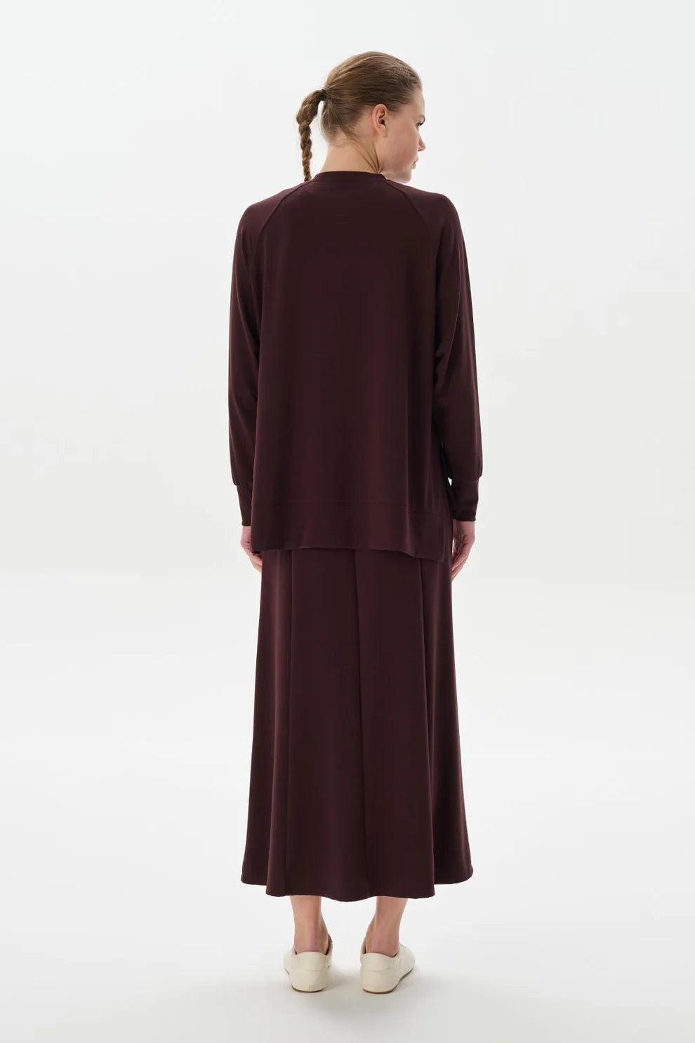 Modal Knit Skirt and Sweatshirt Set Brown