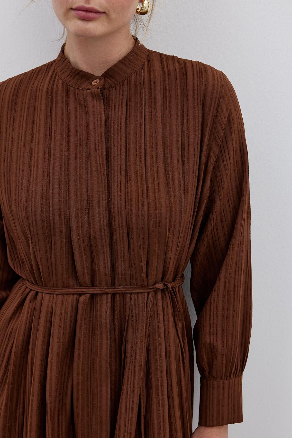 Pleated Linen Shirt Dress Brown