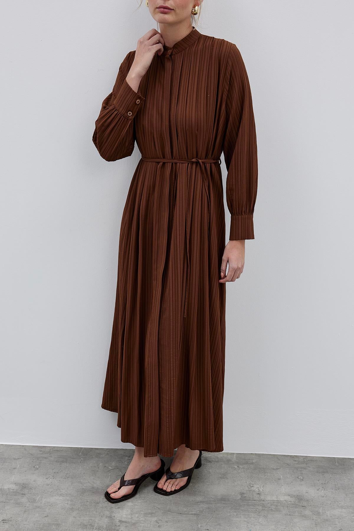 Pleated Linen Shirt Dress Brown