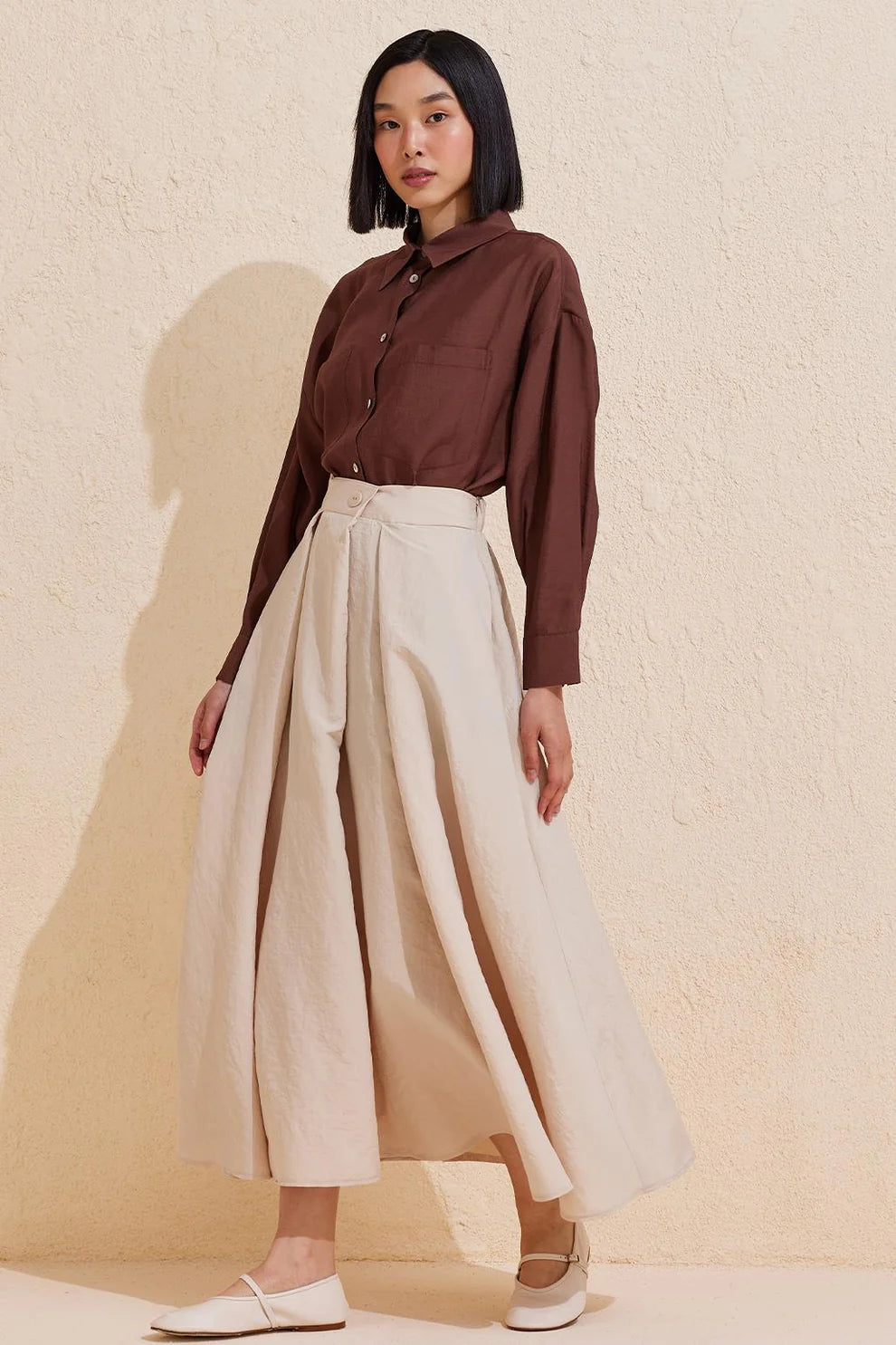 Pleated Flared Long Skirt Stone