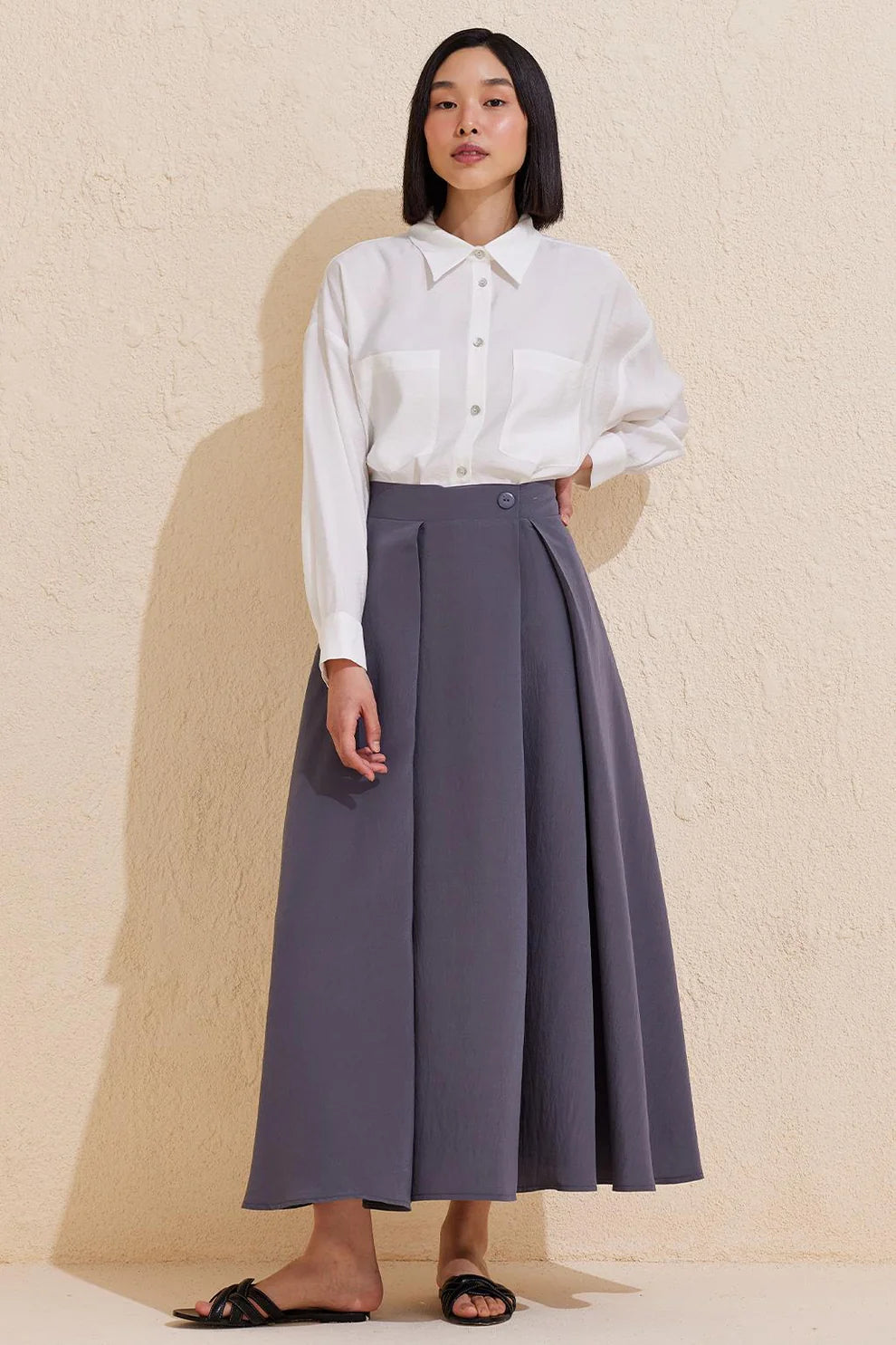 Pleated Flared Long Skirt Gray