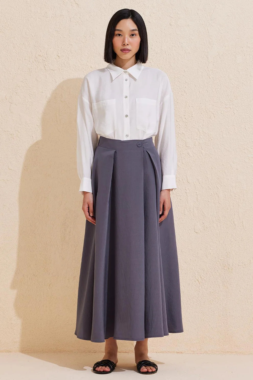 Pleated Flared Long Skirt Gray