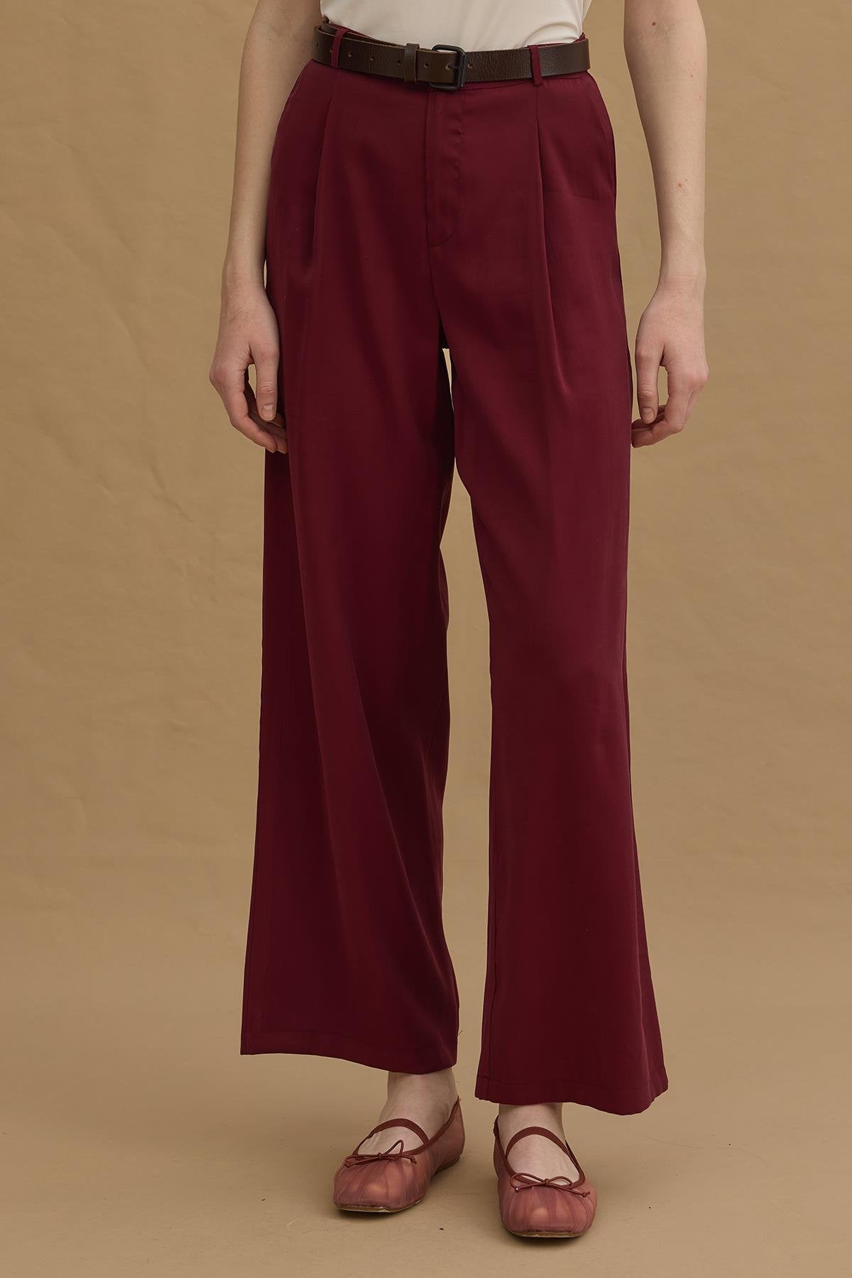 Pin-Tuck Detail Tunic & Palazzo Pants Set Burgundy