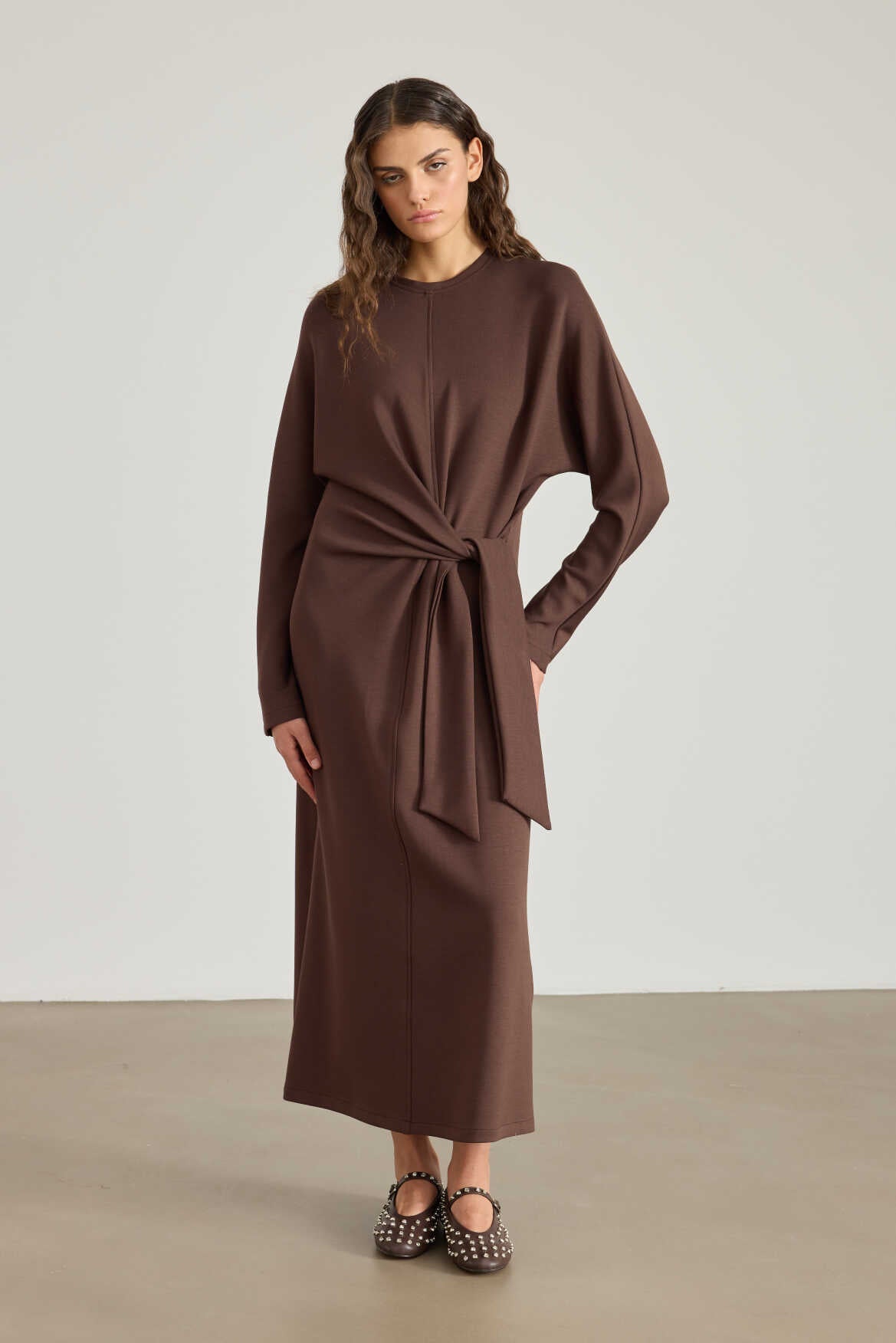 Side Knotted Dress Brown