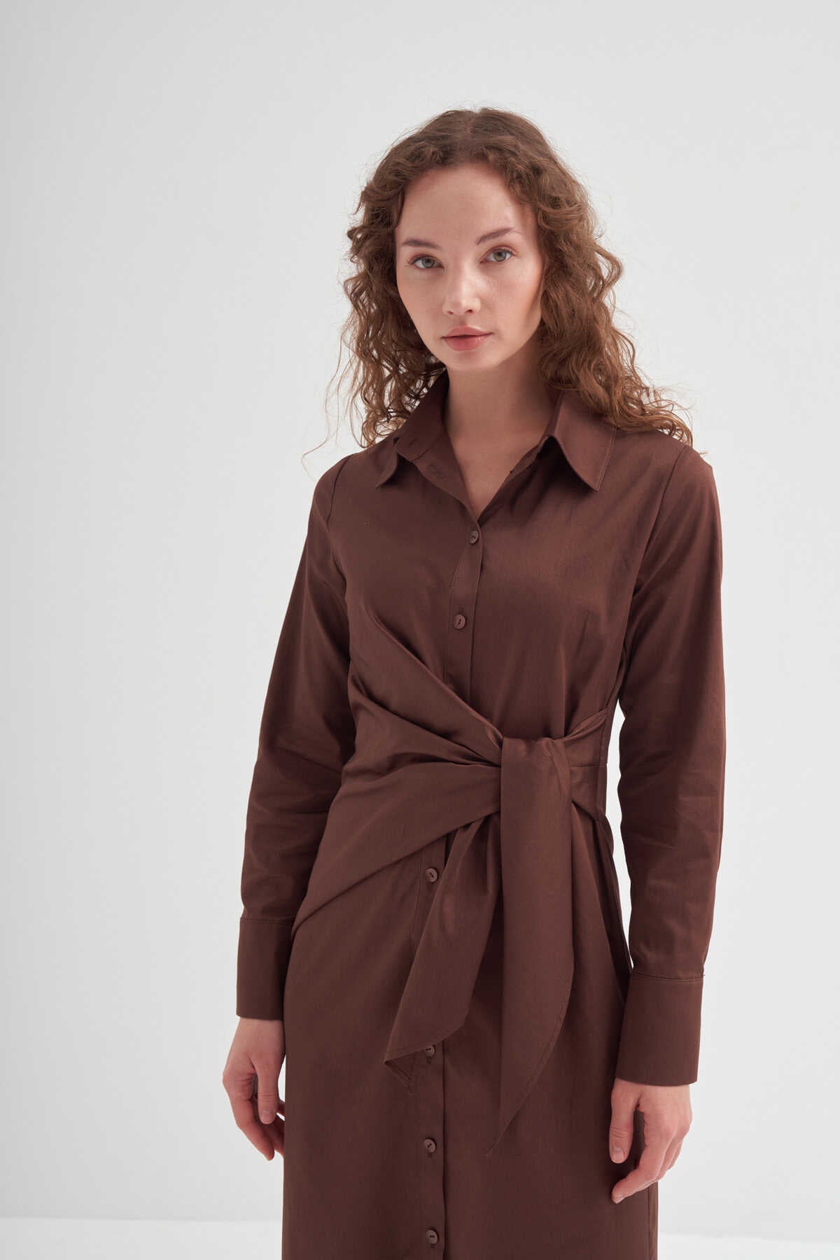 Side Knotted Shirt Dress Brown