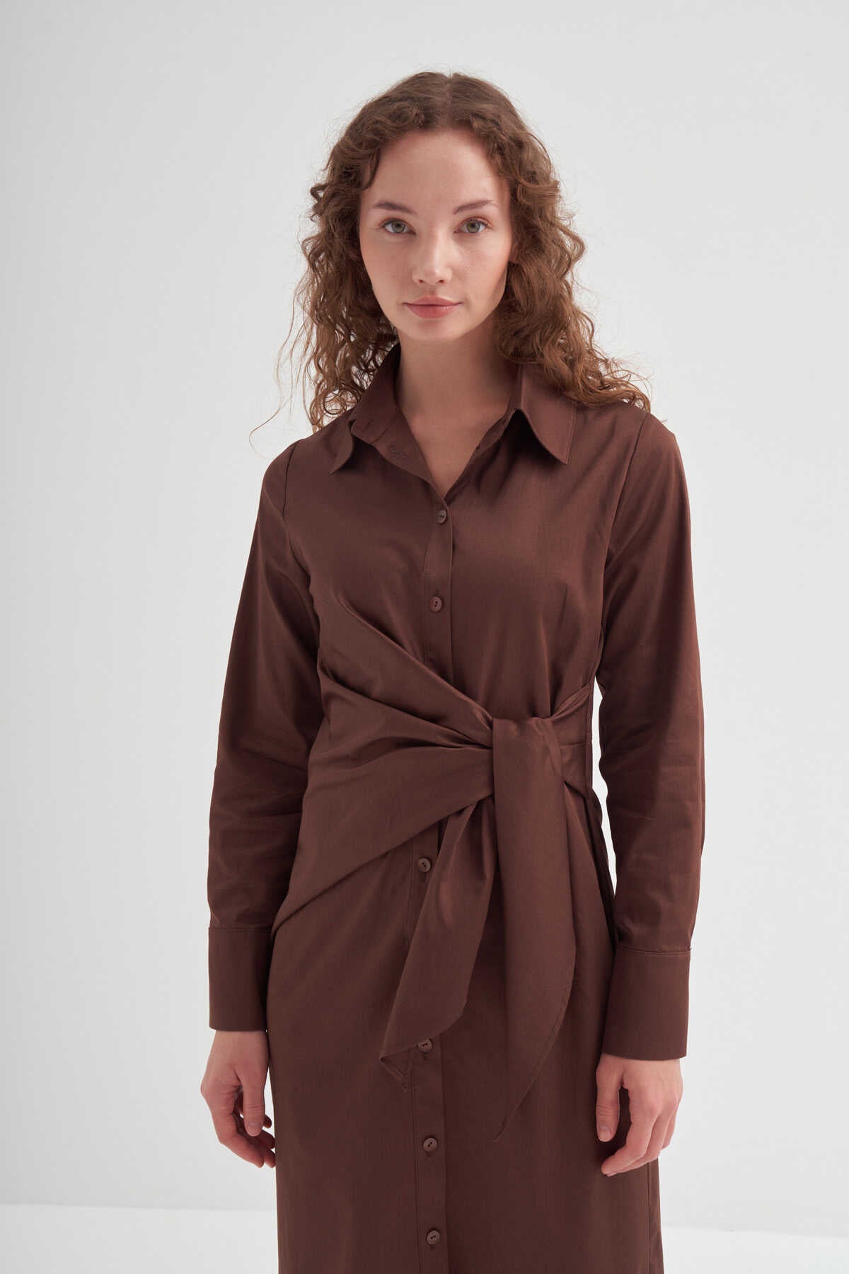 Side Knotted Shirt Dress Brown