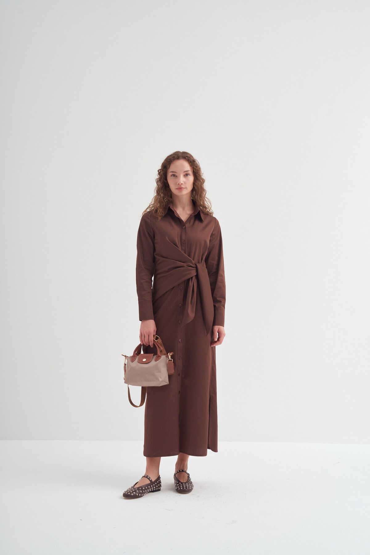 Side Knotted Shirt Dress Brown