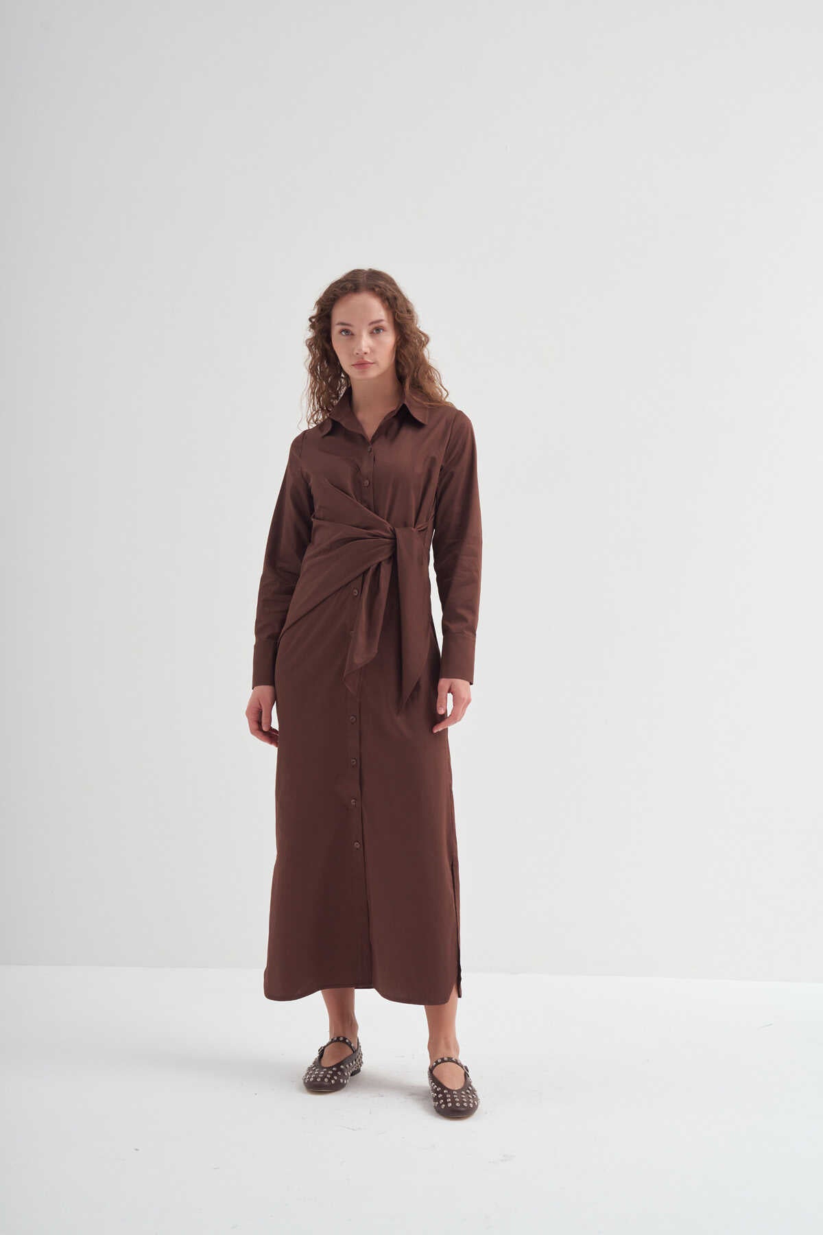 Side Knotted Shirt Dress Brown Side Knotted Shirt Dress Brown