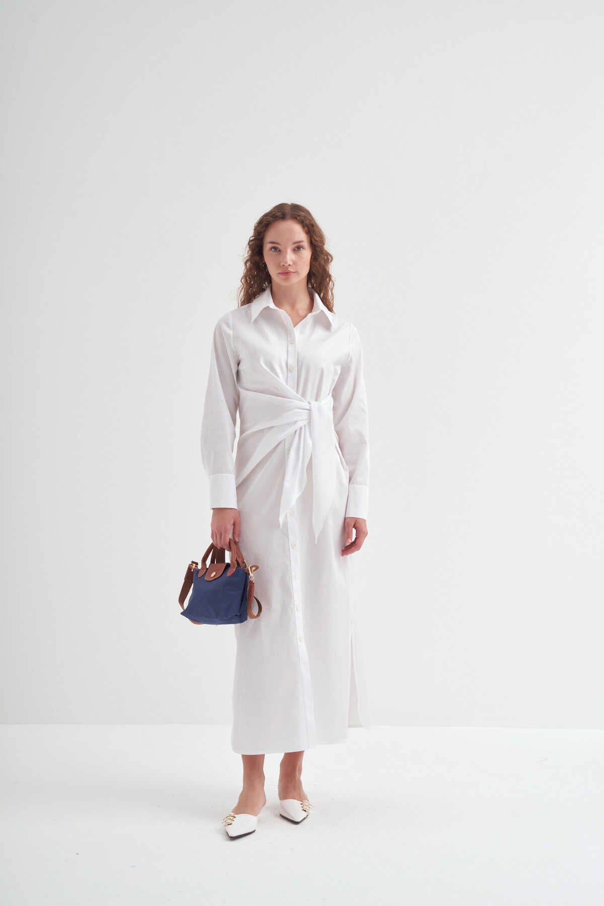 Side Knotted Shirt Dress White