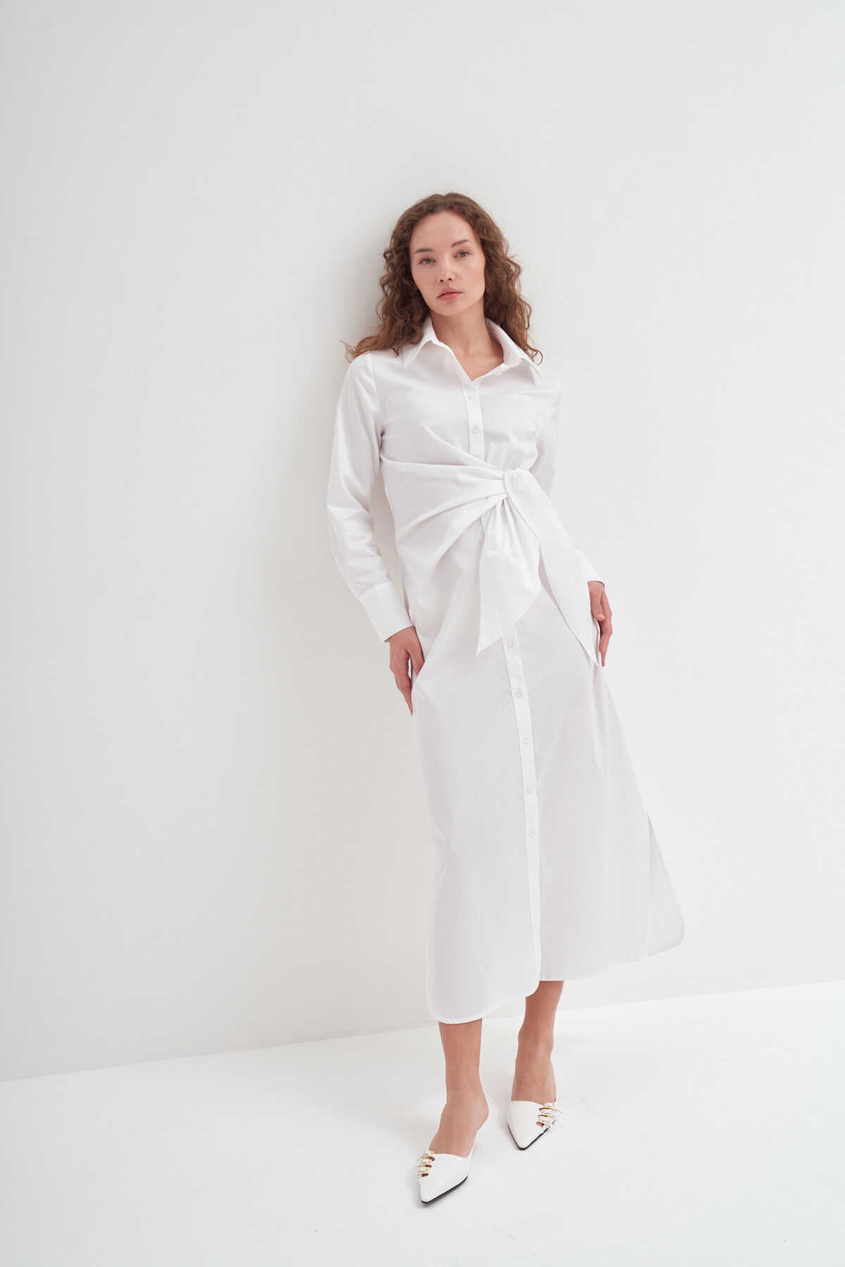 Side Knotted Shirt Dress White