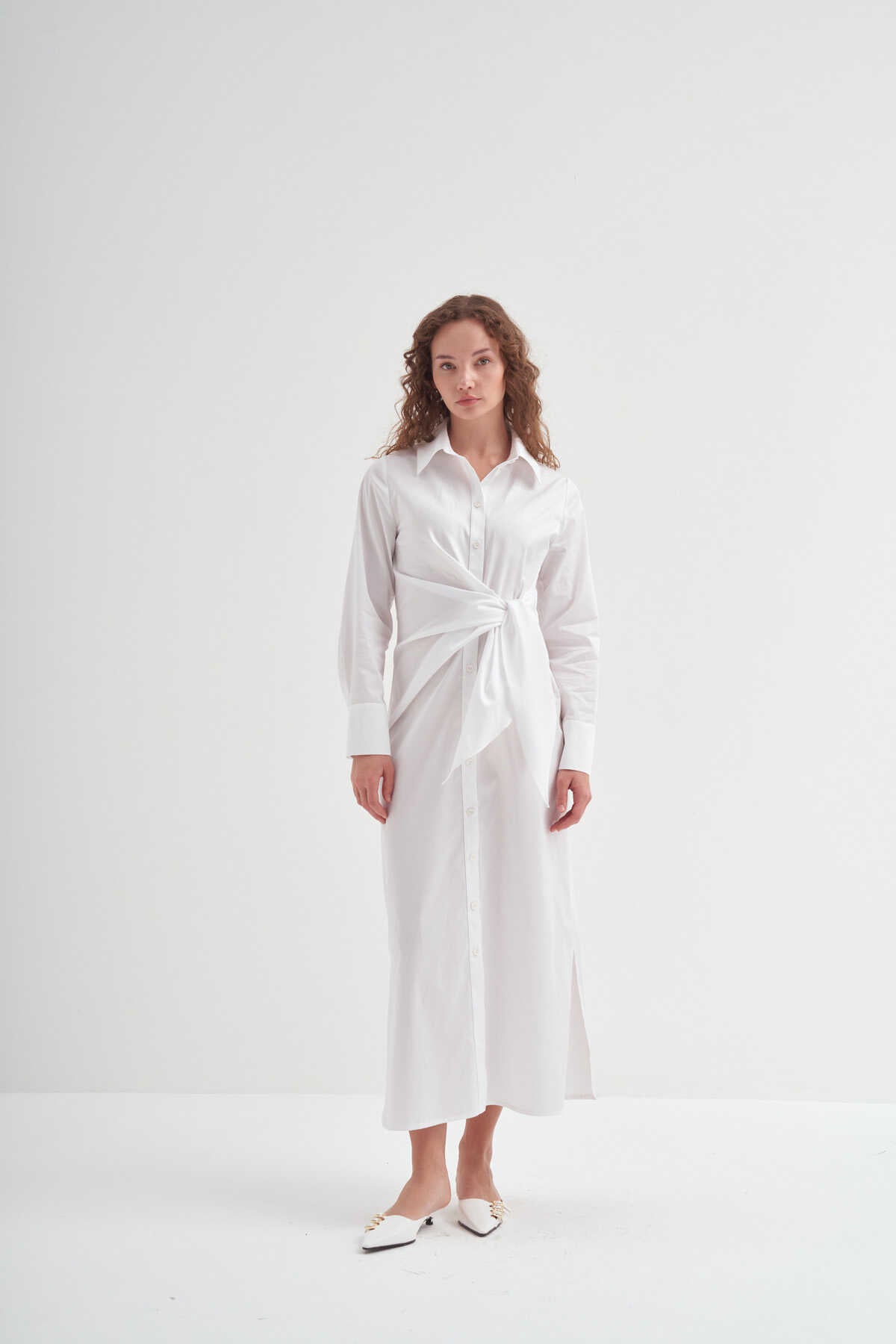 Side Knotted Shirt Dress White